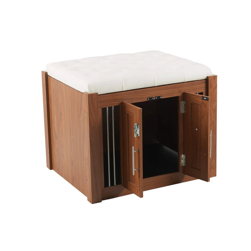 30.25'L, 2 in 1 Dog Crate with Padded Seat, Sliding Barn Door, Luxury Wooden Dog Kennel, End of Bed Bench Ottoman with Removable Cushion for Bedroom, Living Room, Walnut Default -DTYStore