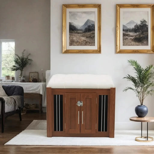 30.25'L, 2 in 1 Dog Crate with Padded Seat, Sliding Barn Door, Luxury Wooden Dog Kennel, End of Bed Bench Ottoman with Removable Cushion for Bedroom, Living Room, Walnut Default -DTYStore