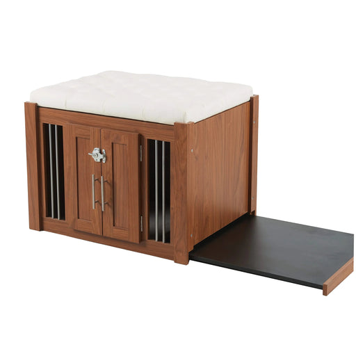 30.25'L, 2 in 1 Dog Crate with Padded Seat, Sliding Barn Door, Luxury Wooden Dog Kennel, End of Bed Bench Ottoman with Removable Cushion for Bedroom, Living Room, Walnut Default -DTYStore
