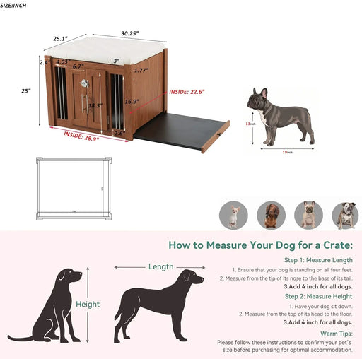 30.25'L, 2 in 1 Dog Crate with Padded Seat, Sliding Barn Door, Luxury Wooden Dog Kennel, End of Bed Bench Ottoman with Removable Cushion for Bedroom, Living Room, Walnut Default -DTYStore