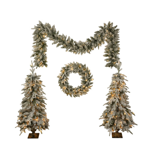 Pre-lit Christmas Artificial Tree 4-Piece Set, Garland, Wreath and Set of 2 Entrance Trees, X-mas with LED Lights, PVC Festival Celebration Set, Green - Image 9