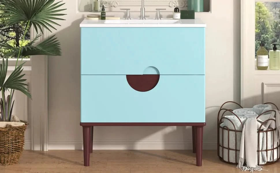 30'' Bathroom Vanity Cabinet with Ceramic Sink Combo Set, Solid Wood Frame Modern Bathroom Storage Cabinet with 2 Drawers, Blue Default -DTYStore