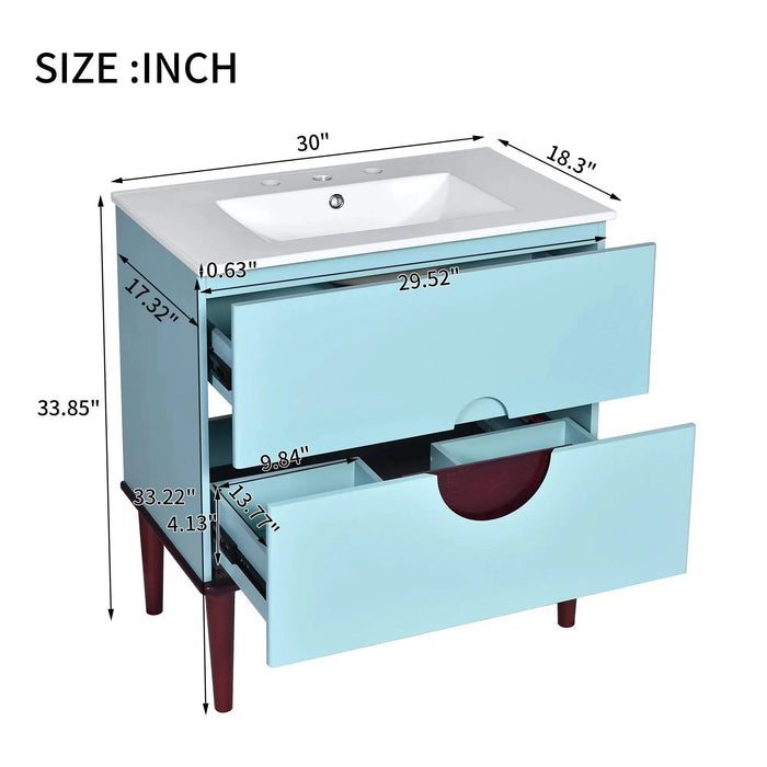 30'' Bathroom Vanity Cabinet with Ceramic Sink Combo Set, Solid Wood Frame Modern Bathroom Storage Cabinet with 2 Drawers, Blue Default -DTYStore