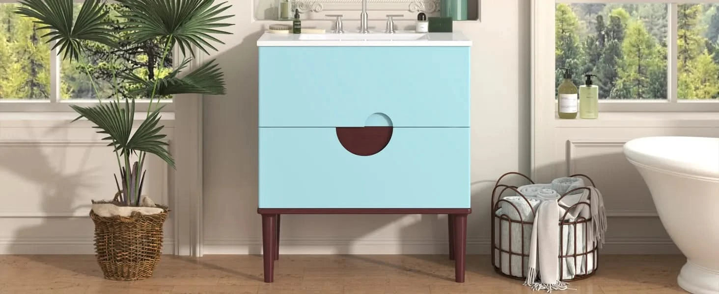 30'' Bathroom Vanity Cabinet with Ceramic Sink Combo Set, Solid Wood Frame Modern Bathroom Storage Cabinet with 2 Drawers, Blue Default -DTYStore