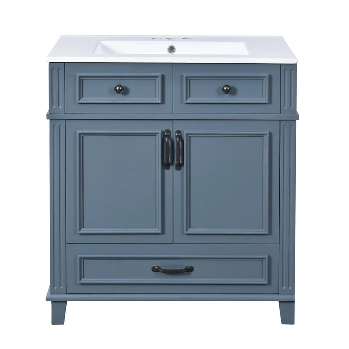 30'' Bathroom Vanity with Ceramic Sink,Solid Wood Frame Bathroom Storage Cabinet with Soft Closing Doors,Retro Style, Blue Default -DTYStore