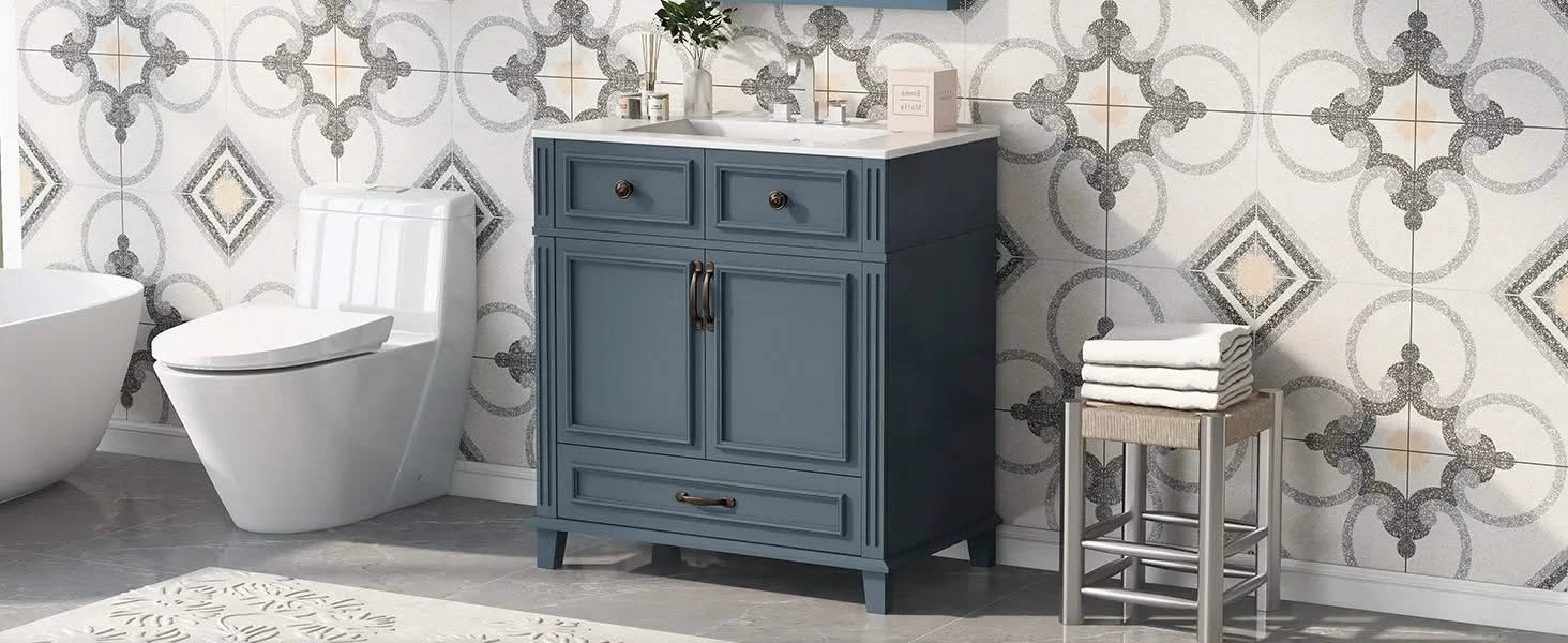 30'' Bathroom Vanity with Ceramic Sink,Solid Wood Frame Bathroom Storage Cabinet with Soft Closing Doors,Retro Style, Blue Default -DTYStore