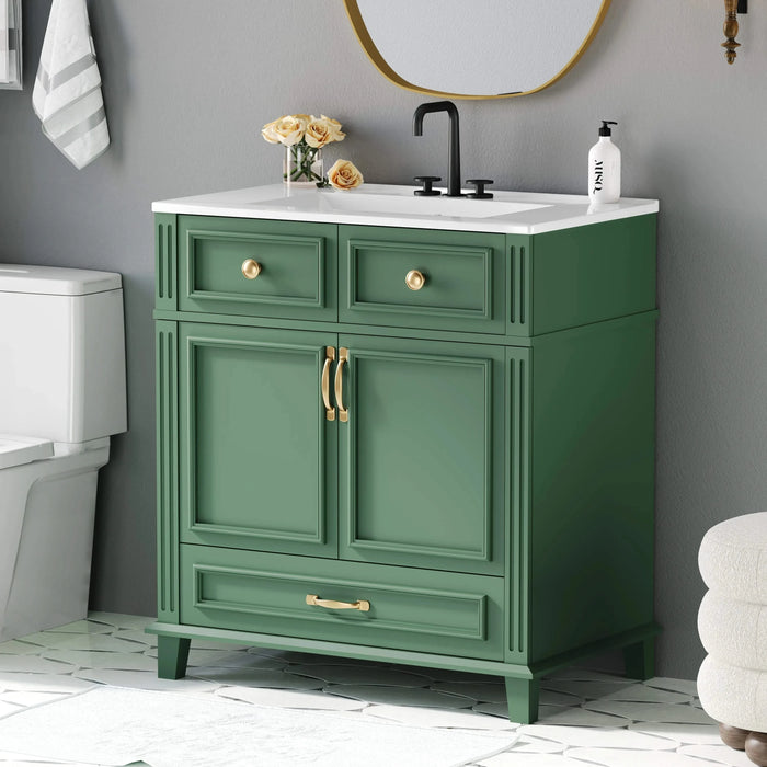 30'' Bathroom Vanity with Ceramic Sink,Solid Wood Frame Bathroom Storage Cabinet with Soft Closing Doors,Retro Style, Green Default -DTYStore