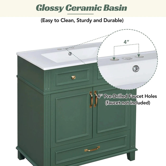 30'' Bathroom Vanity with Ceramic Sink,Solid Wood Frame Bathroom Storage Cabinet with Soft Closing Doors,Retro Style, Green Default -DTYStore