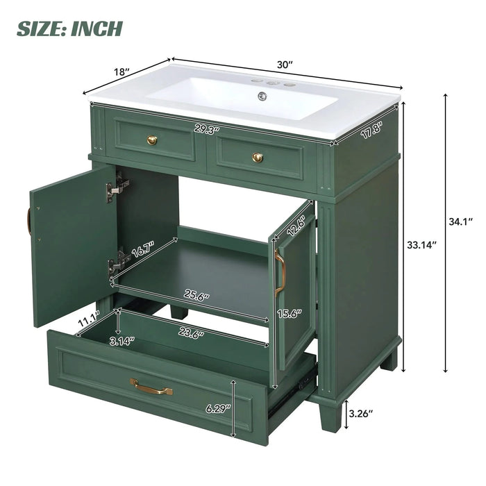 30'' Bathroom Vanity with Ceramic Sink,Solid Wood Frame Bathroom Storage Cabinet with Soft Closing Doors,Retro Style, Green Default -DTYStore