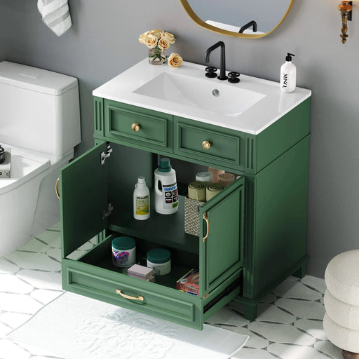 30'' Bathroom Vanity with Ceramic Sink,Solid Wood Frame Bathroom Storage Cabinet with Soft Closing Doors,Retro Style, Green Default -DTYStore