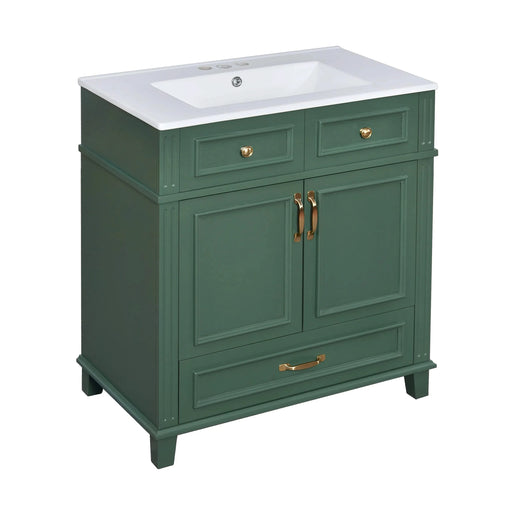 30'' Bathroom Vanity with Ceramic Sink,Solid Wood Frame Bathroom Storage Cabinet with Soft Closing Doors,Retro Style, Green Default -DTYStore