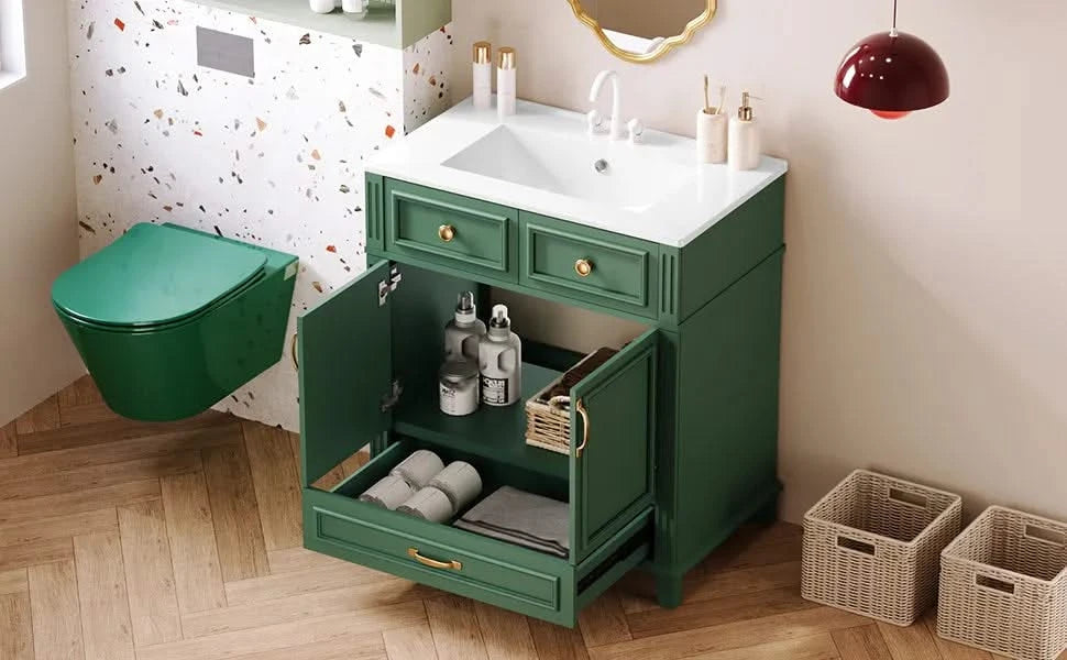 30'' Bathroom Vanity with Ceramic Sink,Solid Wood Frame Bathroom Storage Cabinet with Soft Closing Doors,Retro Style, Green Default -DTYStore