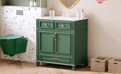 30'' Bathroom Vanity with Ceramic Sink,Solid Wood Frame Bathroom Storage Cabinet with Soft Closing Doors,Retro Style, Green Default -DTYStore