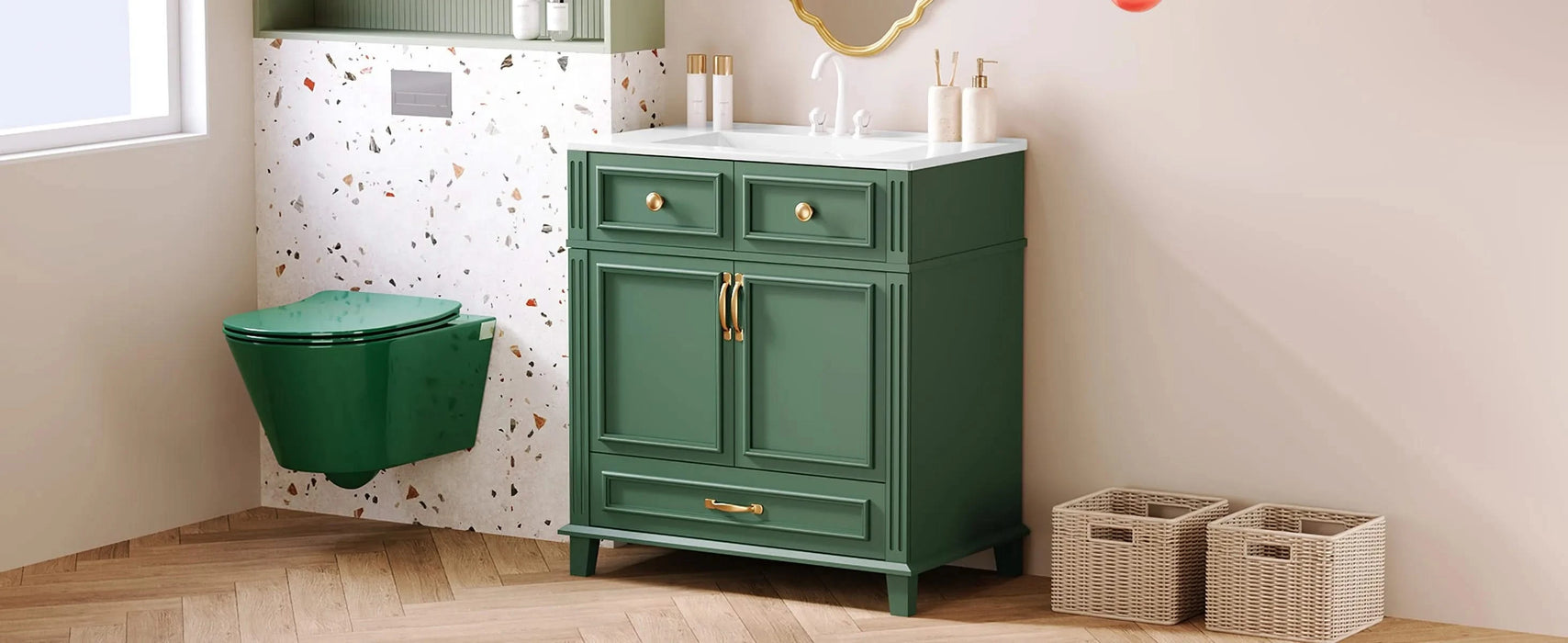 30'' Bathroom Vanity with Ceramic Sink,Solid Wood Frame Bathroom Storage Cabinet with Soft Closing Doors,Retro Style, Green Default -DTYStore