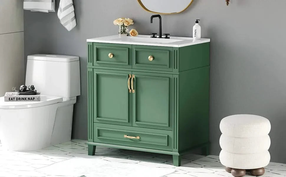 30'' Bathroom Vanity with Ceramic Sink,Solid Wood Frame Bathroom Storage Cabinet with Soft Closing Doors,Retro Style, Green Default -DTYStore