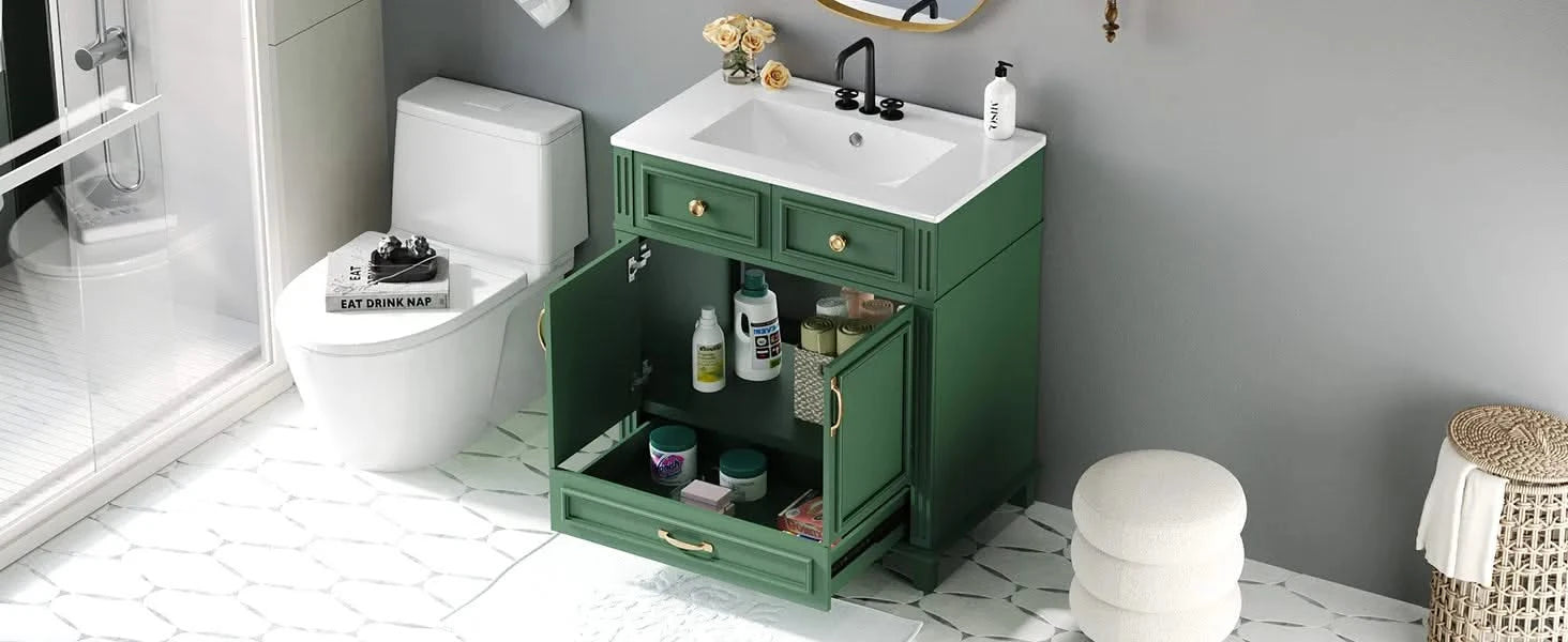 30'' Bathroom Vanity with Ceramic Sink,Solid Wood Frame Bathroom Storage Cabinet with Soft Closing Doors,Retro Style, Green Default -DTYStore