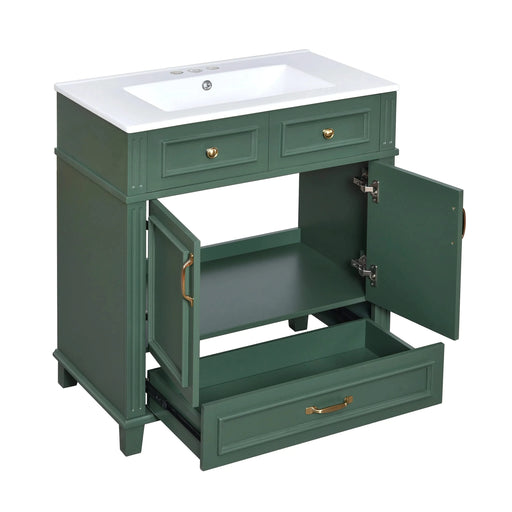 30'' Bathroom Vanity with Ceramic Sink,Solid Wood Frame Bathroom Storage Cabinet with Soft Closing Doors,Retro Style, Green Default -DTYStore