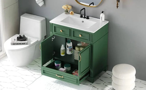 30'' Bathroom Vanity with Ceramic Sink,Solid Wood Frame Bathroom Storage Cabinet with Soft Closing Doors,Retro Style, Green Default -DTYStore