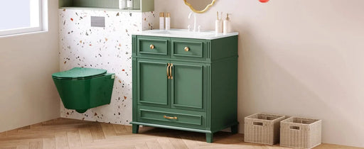 30'' Bathroom Vanity with Ceramic Sink,Solid Wood Frame Bathroom Storage Cabinet with Soft Closing Doors,Retro Style, Green Default -DTYStore