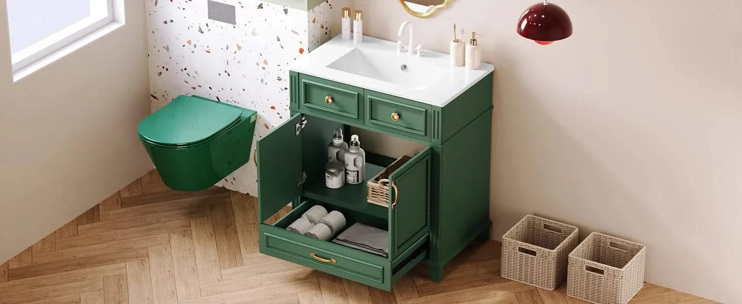 30'' Bathroom Vanity with Ceramic Sink,Solid Wood Frame Bathroom Storage Cabinet with Soft Closing Doors,Retro Style, Green Default -DTYStore
