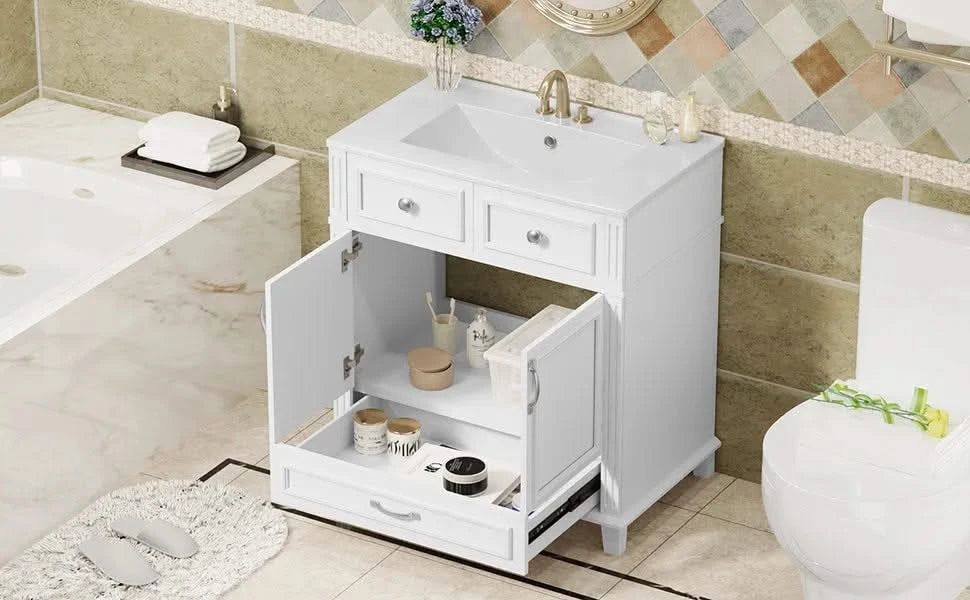30'' Bathroom Vanity with Ceramic Sink,Solid Wood Frame Bathroom Storage Cabinet with Soft Closing Doors,Retro Style, White Default -DTYStore