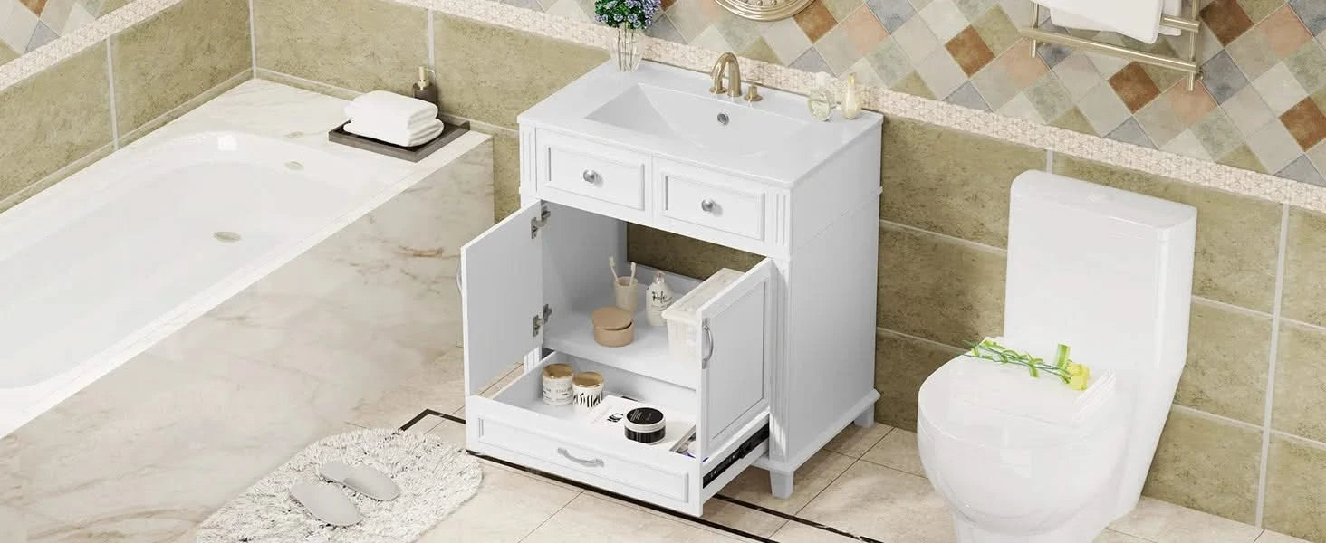 30'' Bathroom Vanity with Ceramic Sink,Solid Wood Frame Bathroom Storage Cabinet with Soft Closing Doors,Retro Style, White Default -DTYStore