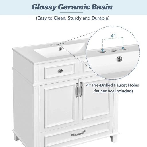 30'' Bathroom Vanity with Ceramic Sink,Solid Wood Frame Bathroom Storage Cabinet with Soft Closing Doors,Retro Style, White Default -DTYStore