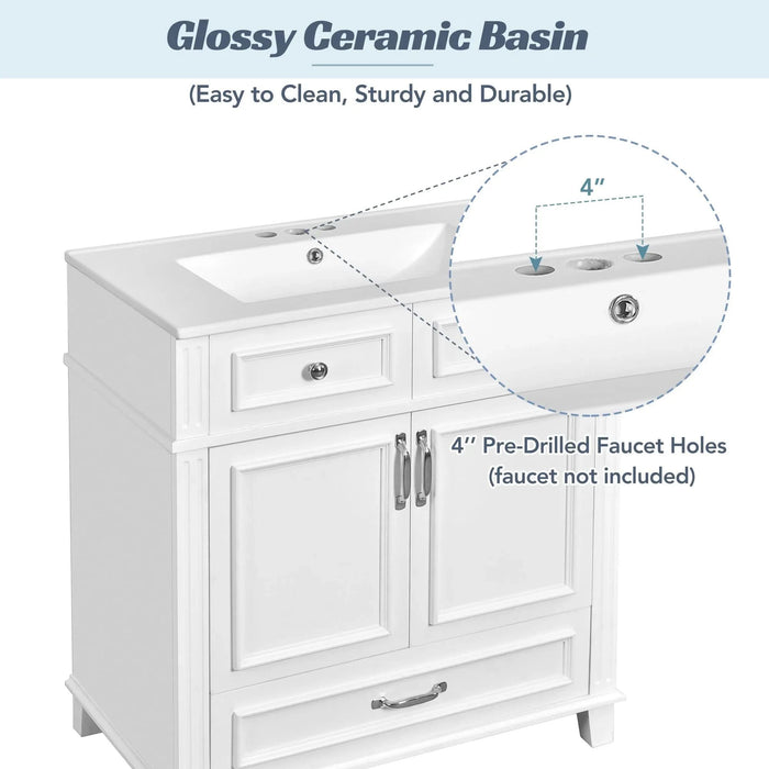 30'' Bathroom Vanity with Ceramic Sink,Solid Wood Frame Bathroom Storage Cabinet with Soft Closing Doors,Retro Style, White Default -DTYStore