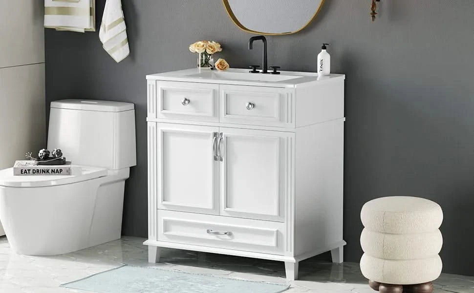 30'' Bathroom Vanity with Ceramic Sink,Solid Wood Frame Bathroom Storage Cabinet with Soft Closing Doors,Retro Style, White Default -DTYStore