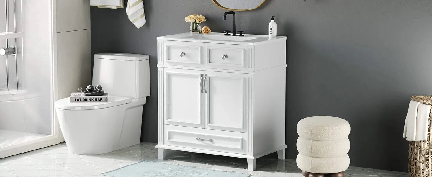 30'' Bathroom Vanity with Ceramic Sink,Solid Wood Frame Bathroom Storage Cabinet with Soft Closing Doors,Retro Style, White Default -DTYStore