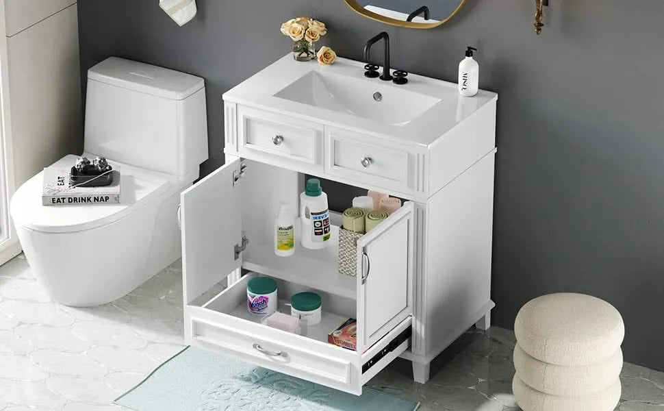 30'' Bathroom Vanity with Ceramic Sink,Solid Wood Frame Bathroom Storage Cabinet with Soft Closing Doors,Retro Style, White Default -DTYStore
