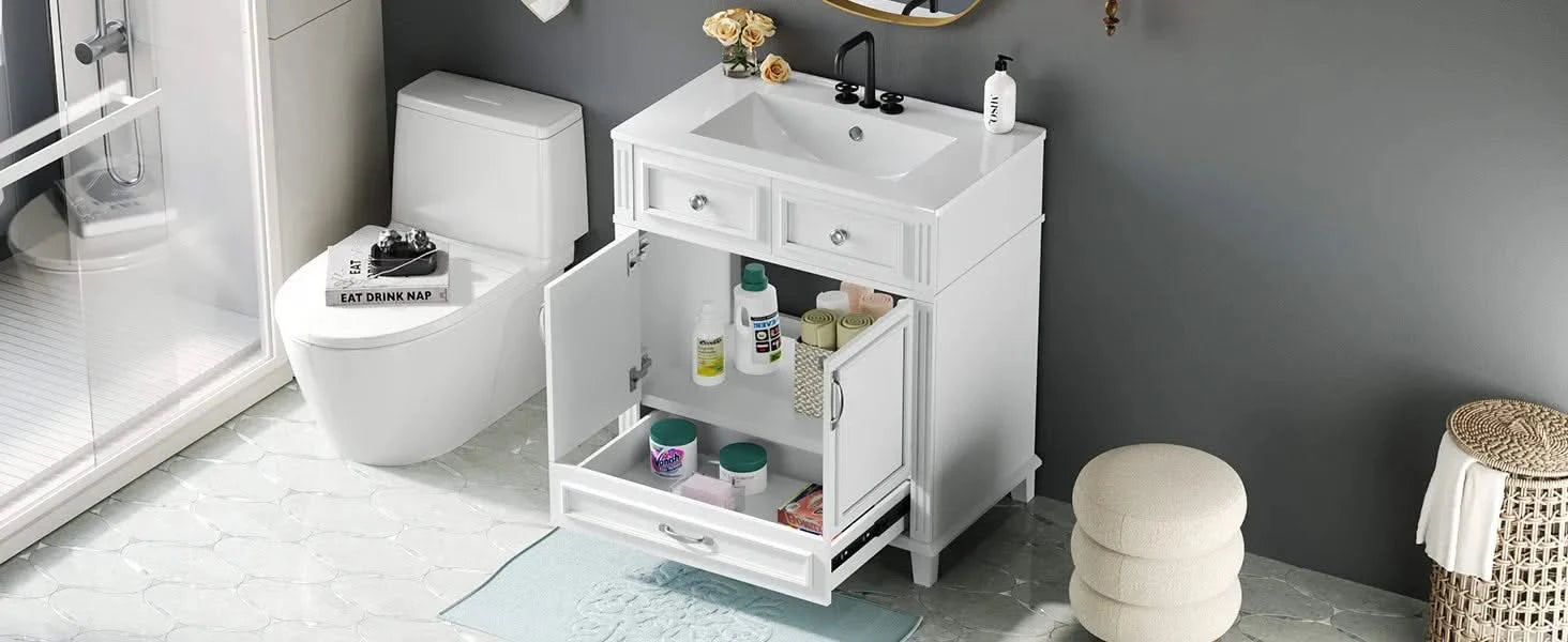 30'' Bathroom Vanity with Ceramic Sink,Solid Wood Frame Bathroom Storage Cabinet with Soft Closing Doors,Retro Style, White Default -DTYStore