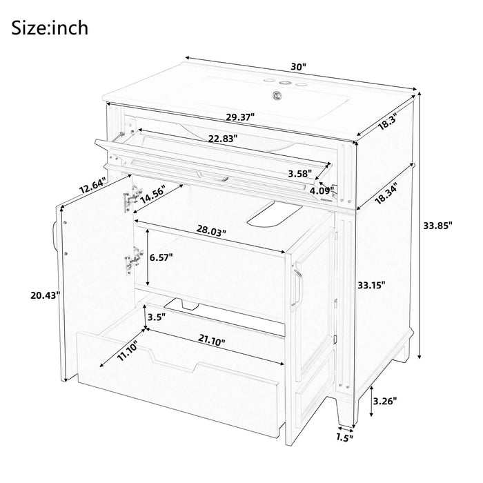 30'' Bathroom Vanity with Ceramic Sink,Solid Wood Frame Bathroom Storage Cabinet with Soft Closing Doors, Retro Style, Blue Default -DTYStore