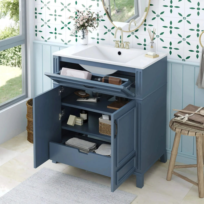 30'' Bathroom Vanity with Ceramic Sink,Solid Wood Frame Bathroom Storage Cabinet with Soft Closing Doors, Retro Style, Blue Default -DTYStore