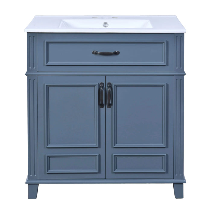 30'' Bathroom Vanity with Ceramic Sink,Solid Wood Frame Bathroom Storage Cabinet with Soft Closing Doors, Retro Style, Blue Default -DTYStore
