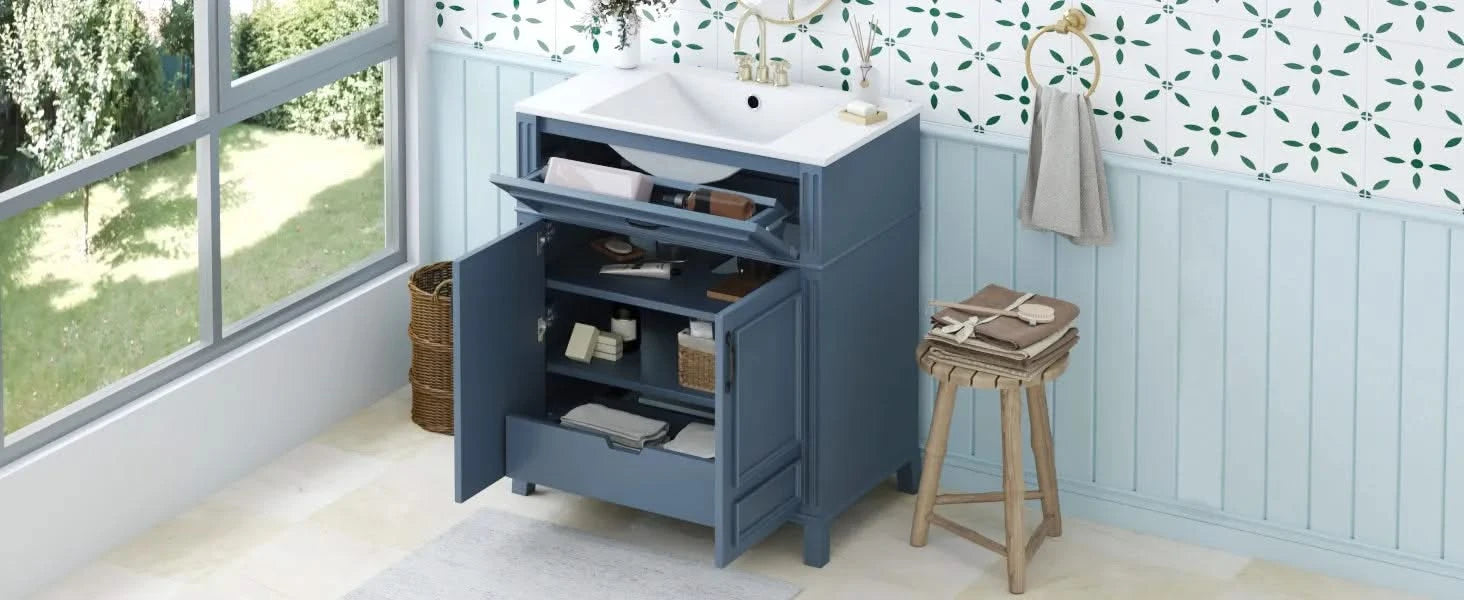 30'' Bathroom Vanity with Ceramic Sink,Solid Wood Frame Bathroom Storage Cabinet with Soft Closing Doors, Retro Style, Blue Default -DTYStore