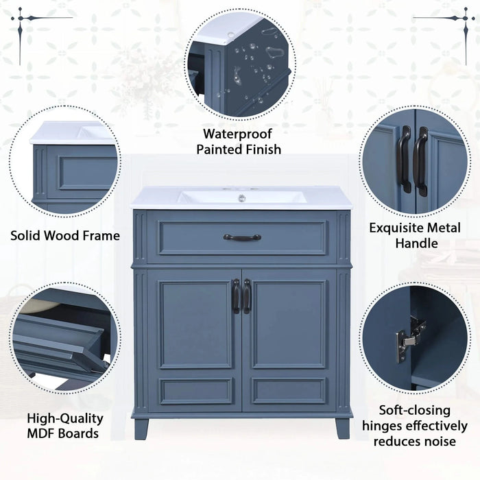 30'' Bathroom Vanity with Ceramic Sink,Solid Wood Frame Bathroom Storage Cabinet with Soft Closing Doors, Retro Style, Blue Default -DTYStore