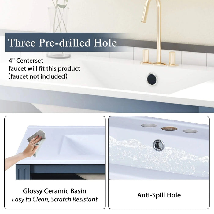 30'' Bathroom Vanity with Ceramic Sink,Solid Wood Frame Bathroom Storage Cabinet with Soft Closing Doors, Retro Style, Blue Default -DTYStore