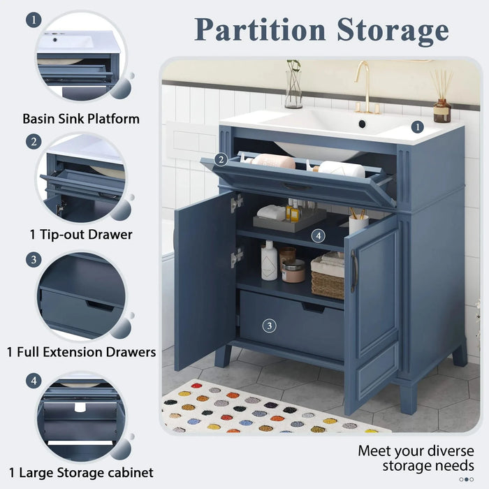 30'' Bathroom Vanity with Ceramic Sink,Solid Wood Frame Bathroom Storage Cabinet with Soft Closing Doors, Retro Style, Blue Default -DTYStore