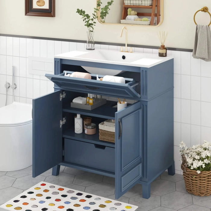 30'' Bathroom Vanity with Ceramic Sink,Solid Wood Frame Bathroom Storage Cabinet with Soft Closing Doors, Retro Style, Blue Default -DTYStore