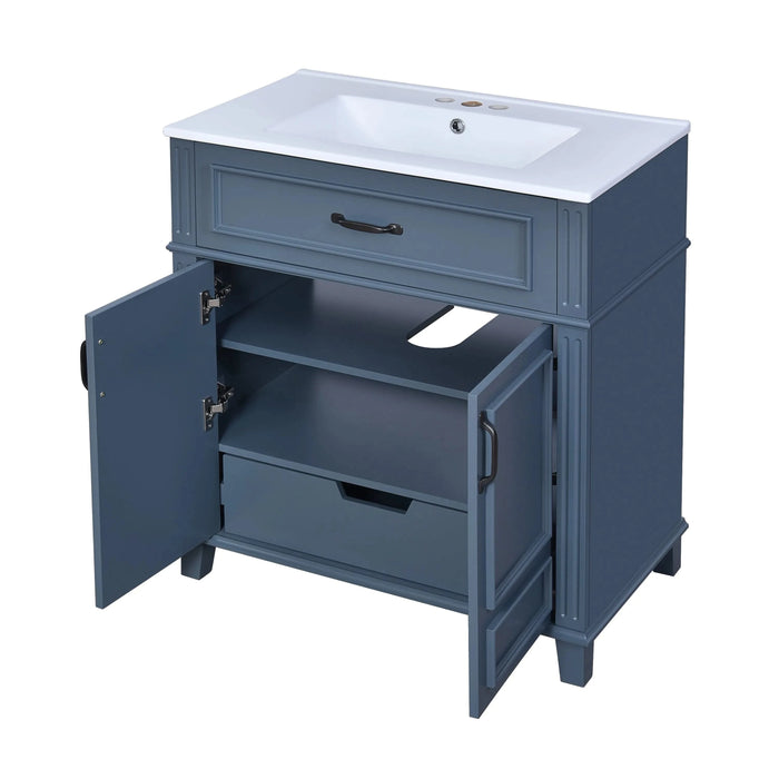 30'' Bathroom Vanity with Ceramic Sink,Solid Wood Frame Bathroom Storage Cabinet with Soft Closing Doors, Retro Style, Blue Default -DTYStore
