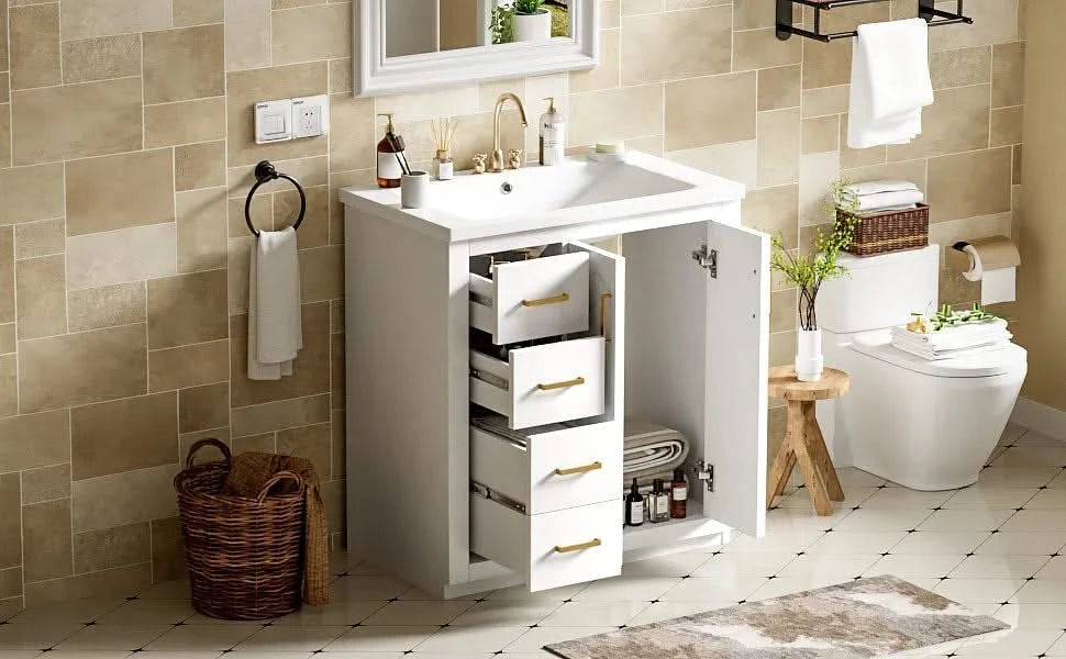 30'' Bathroom Vanity with Ceramic Sink Combo,Solid Wood Frame Bathroom Storage Cabinet, Freestanding Vanity Set with 3 Drawers& Soft Closing Doors Default -DTYStore