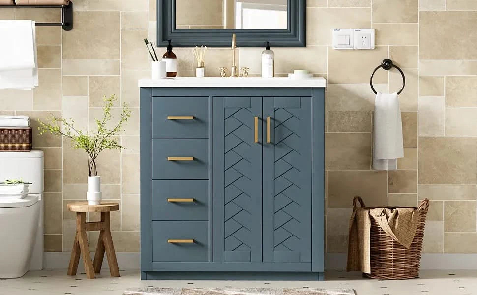 30'' Bathroom Vanity with Ceramic Sink Combo,Solid Wood Frame Bathroom Storage Cabinet, Freestanding Vanity Set with 3 Drawers& Soft Closing Doors Default -DTYStore