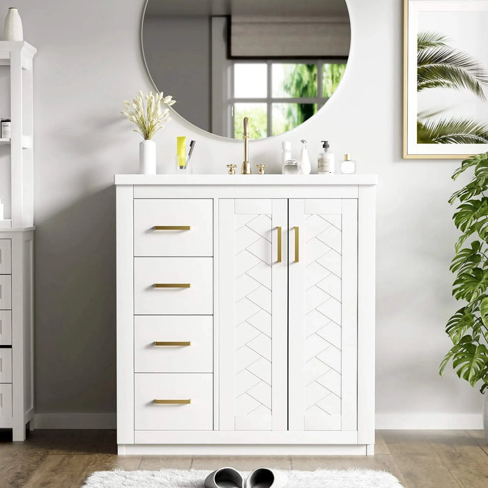30'' Bathroom Vanity with Ceramic Sink Combo,Solid Wood Frame Bathroom Storage Cabinet, Freestanding Vanity Set with 3 Drawers& Soft Closing Doors Default -DTYStore