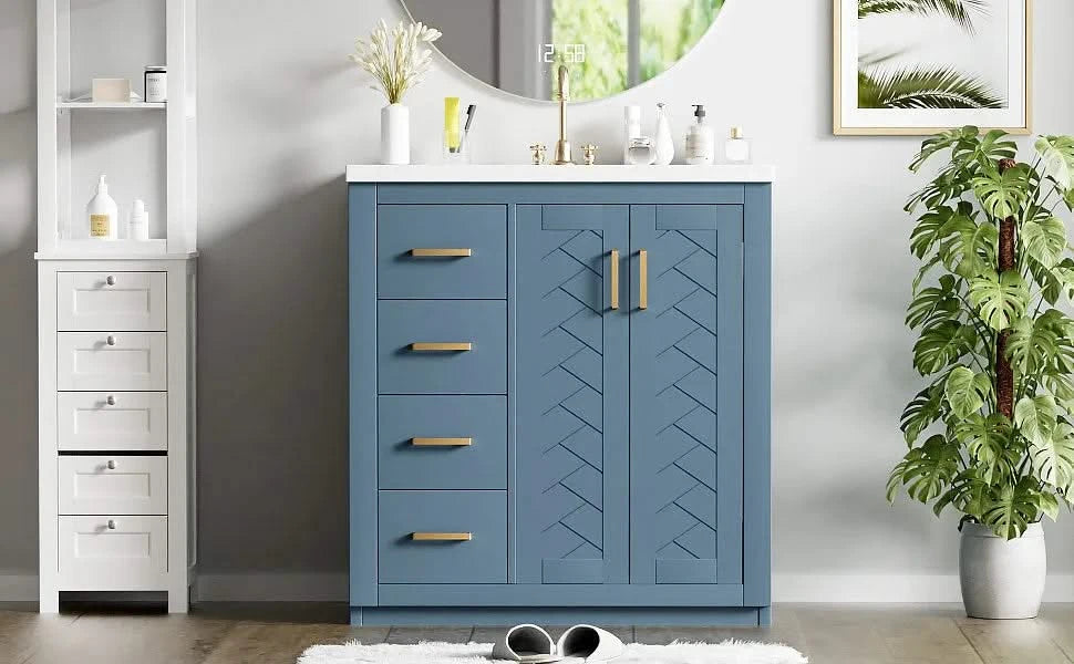 30'' Bathroom Vanity with Ceramic Sink Combo,Solid Wood Frame Bathroom Storage Cabinet, Freestanding Vanity Set with 3 Drawers& Soft Closing Doors Default -DTYStore