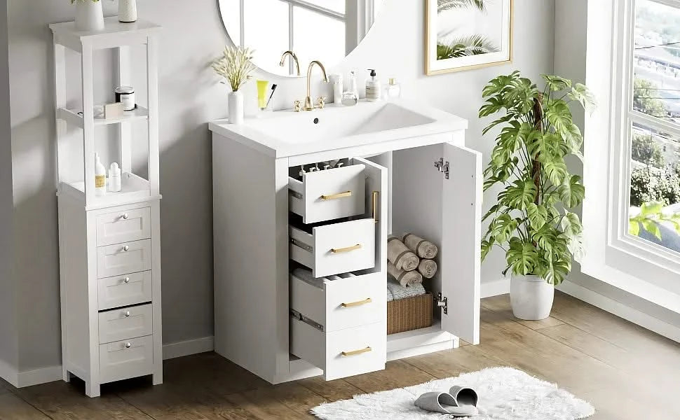 30'' Bathroom Vanity with Ceramic Sink Combo,Solid Wood Frame Bathroom Storage Cabinet, Freestanding Vanity Set with 3 Drawers& Soft Closing Doors Default -DTYStore