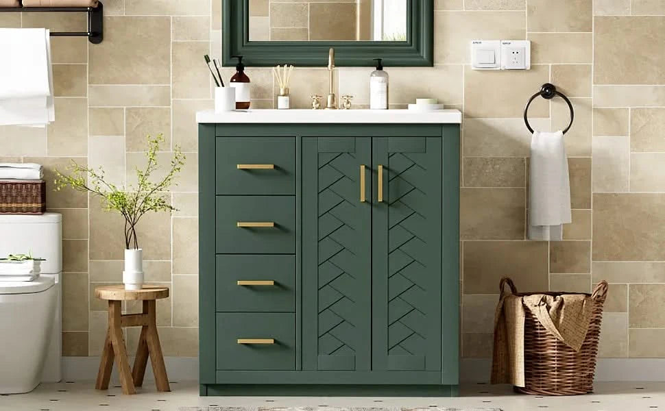 30'' Bathroom Vanity with Ceramic Sink Combo,Solid Wood Frame Bathroom Storage Cabinet, Freestanding Vanity Set with 3 Drawers& Soft Closing Doors Default -DTYStore