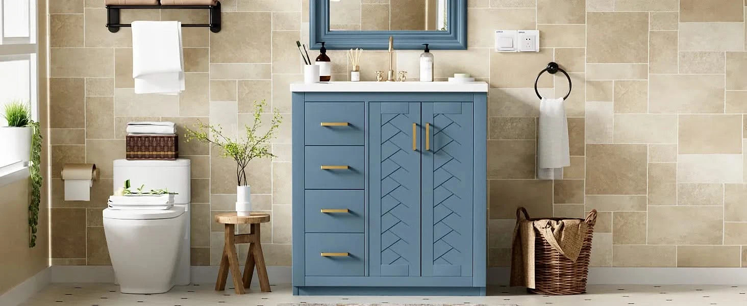 30'' Bathroom Vanity with Ceramic Sink Combo,Solid Wood Frame Bathroom Storage Cabinet, Freestanding Vanity Set with 3 Drawers& Soft Closing Doors Default -DTYStore