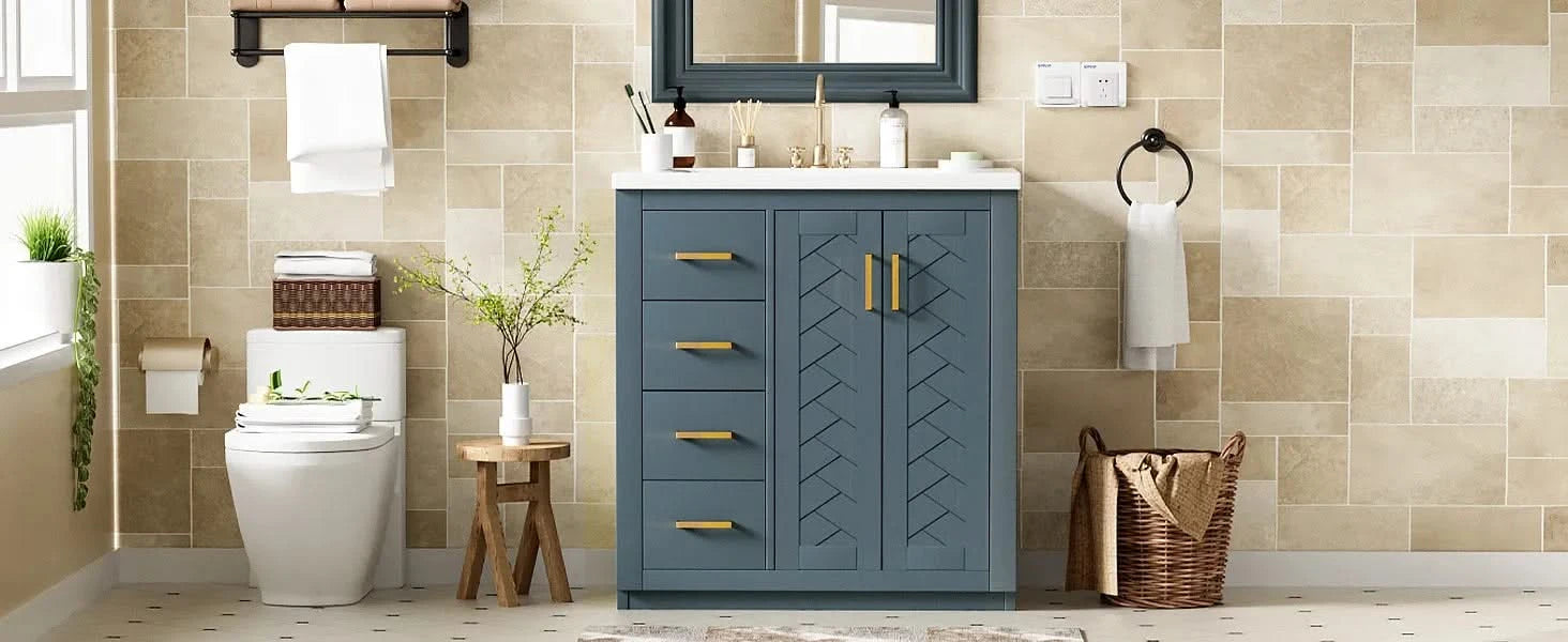 30'' Bathroom Vanity with Ceramic Sink Combo,Solid Wood Frame Bathroom Storage Cabinet, Freestanding Vanity Set with 3 Drawers& Soft Closing Doors Default -DTYStore