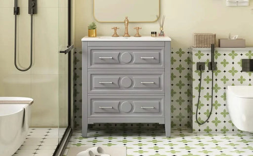 30'' Bathroom Vanity with Ceramic Sink Combo, Free Standing Single Vanity Set with 3 Drawers, Solid Wood Frame Bathroom Storage Cabinet, Gray Default -DTYStore
